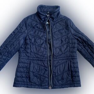 GUESS lightweight fitted navy blue puffer jacket, cinches at waist, in EUC